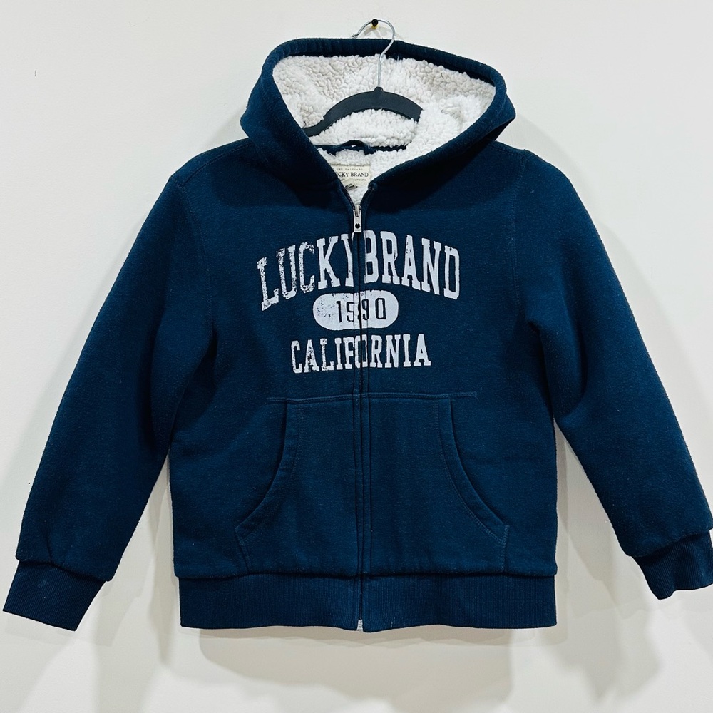 Lucky Brand Youth Zip Up Hoodie Sherpa Lined Youth Size S 7/8 Navy Blue